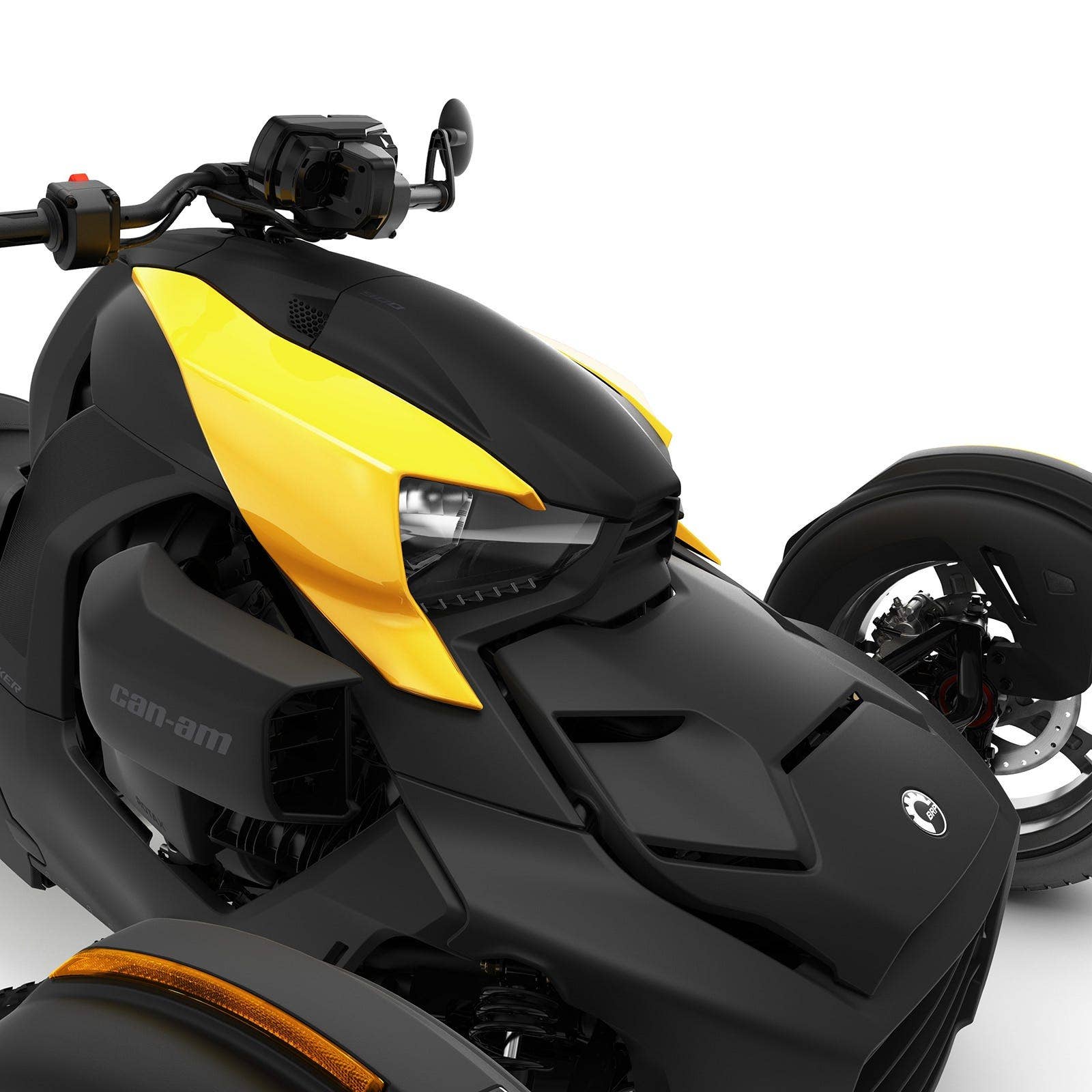 Can-Am Ryker three-wheeler front end with yellow classic body panel and LED headlight close-up