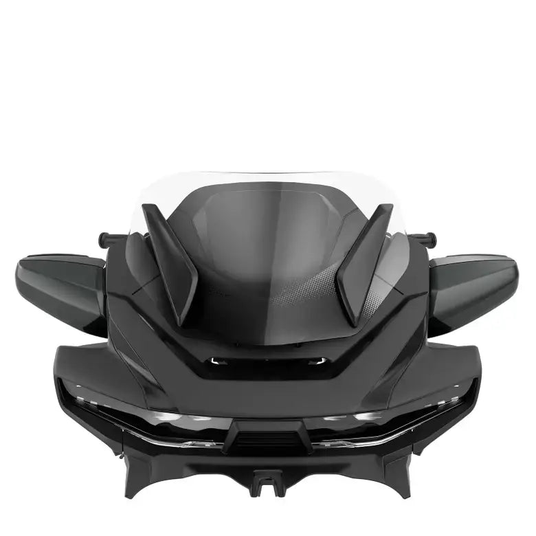 Black motorcycle front end on a white background