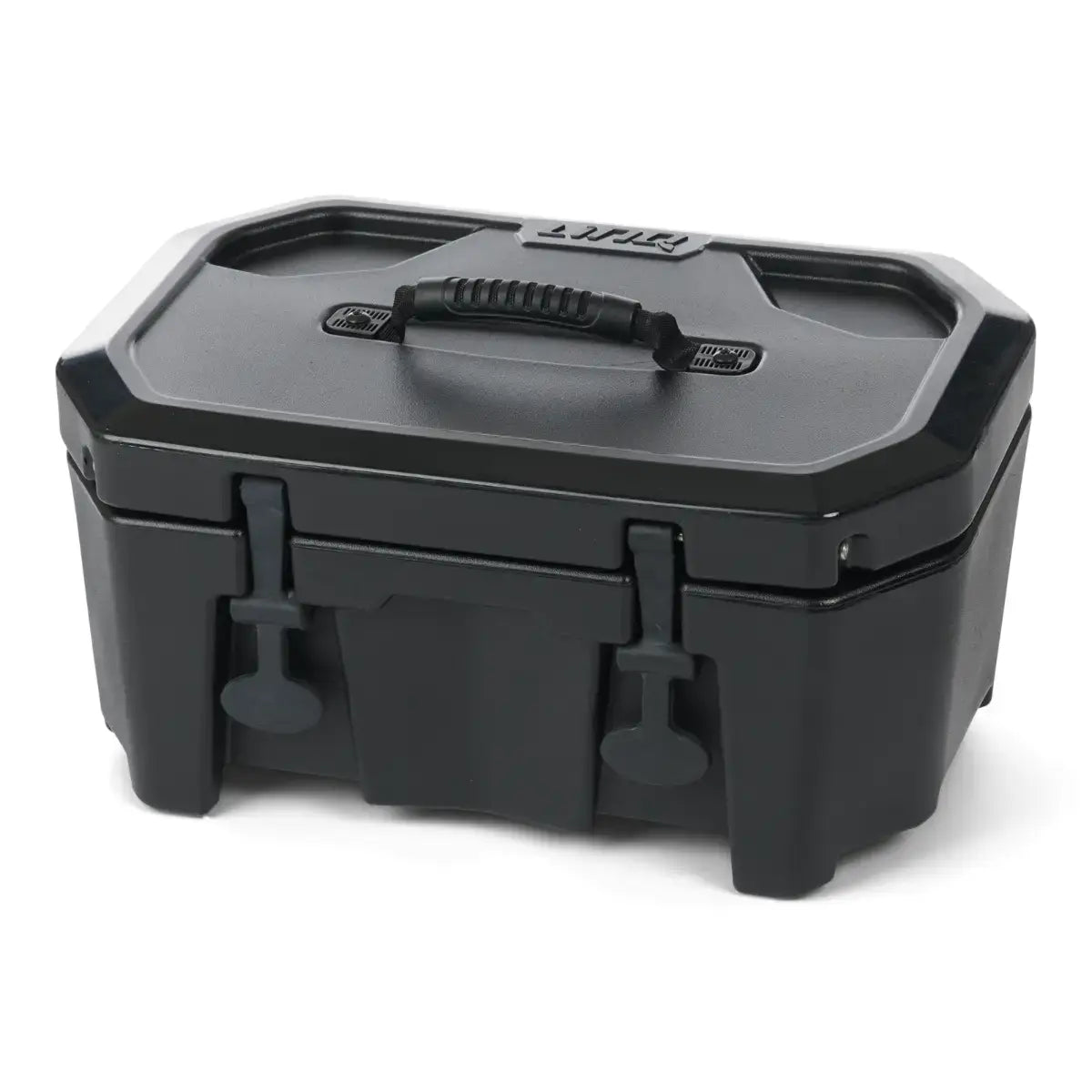 A black, compact, rigid LinQ cooler designed to mount on various vehicles, featuring a handle on top and two side mounting points.