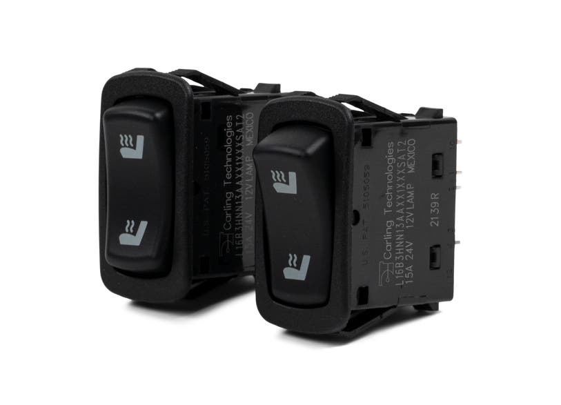 Can-Am Spyder RT heated comfort seat rocker switches, black Carling toggle pair, front and back view