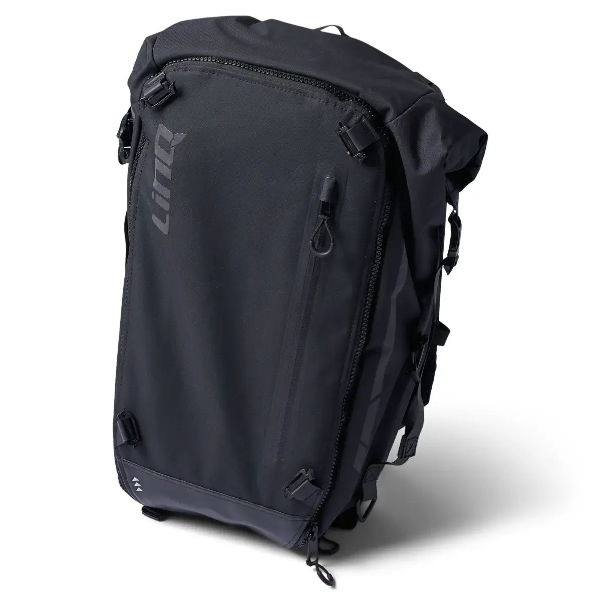 A black LinQ Urban Bag with a capacity of 10.6 US gallons, designed for mounting on the rear of a vehicle, featuring high-quality zippers and a water-resistant outer shell.