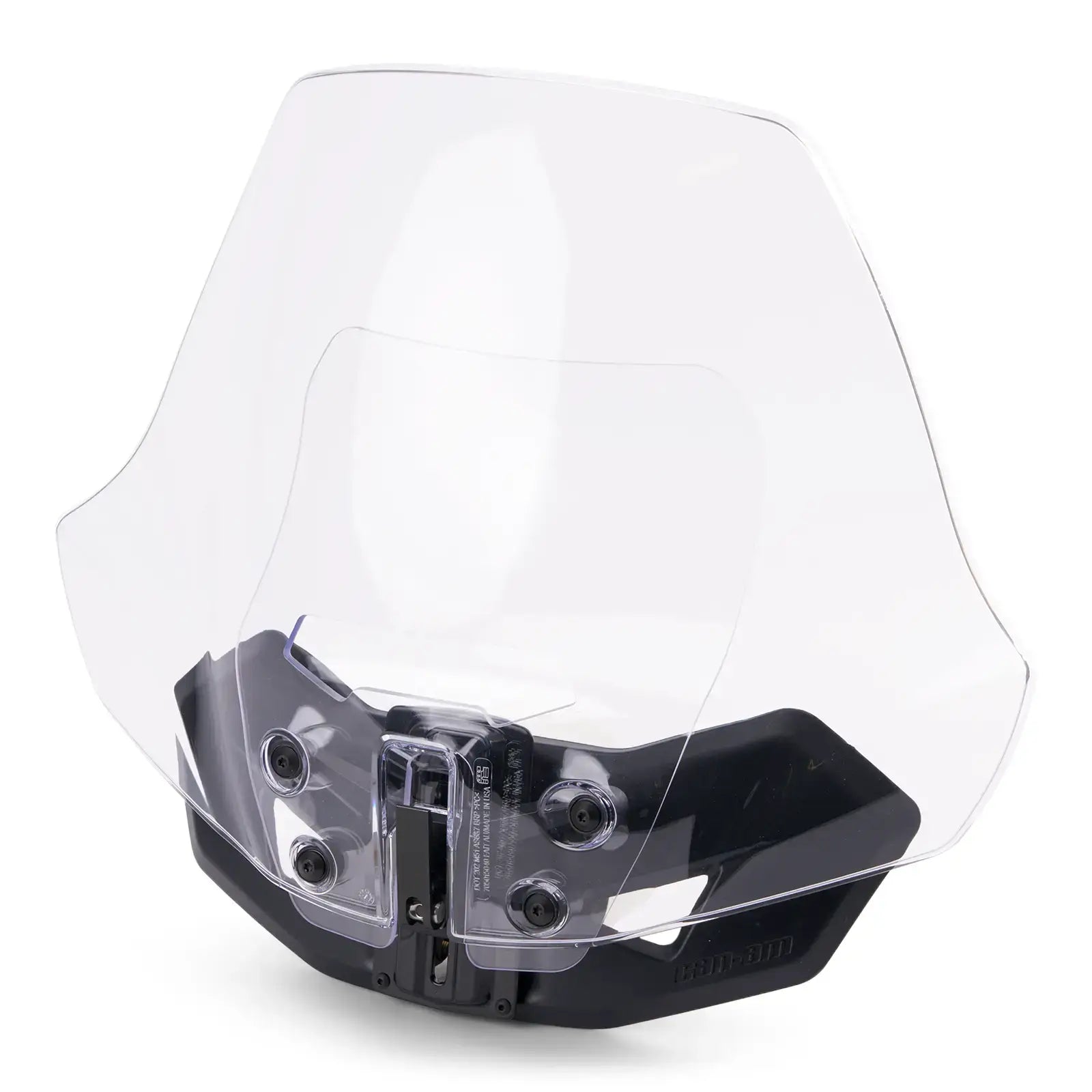 Motorcycle windshield with black base and clear glass on a white background