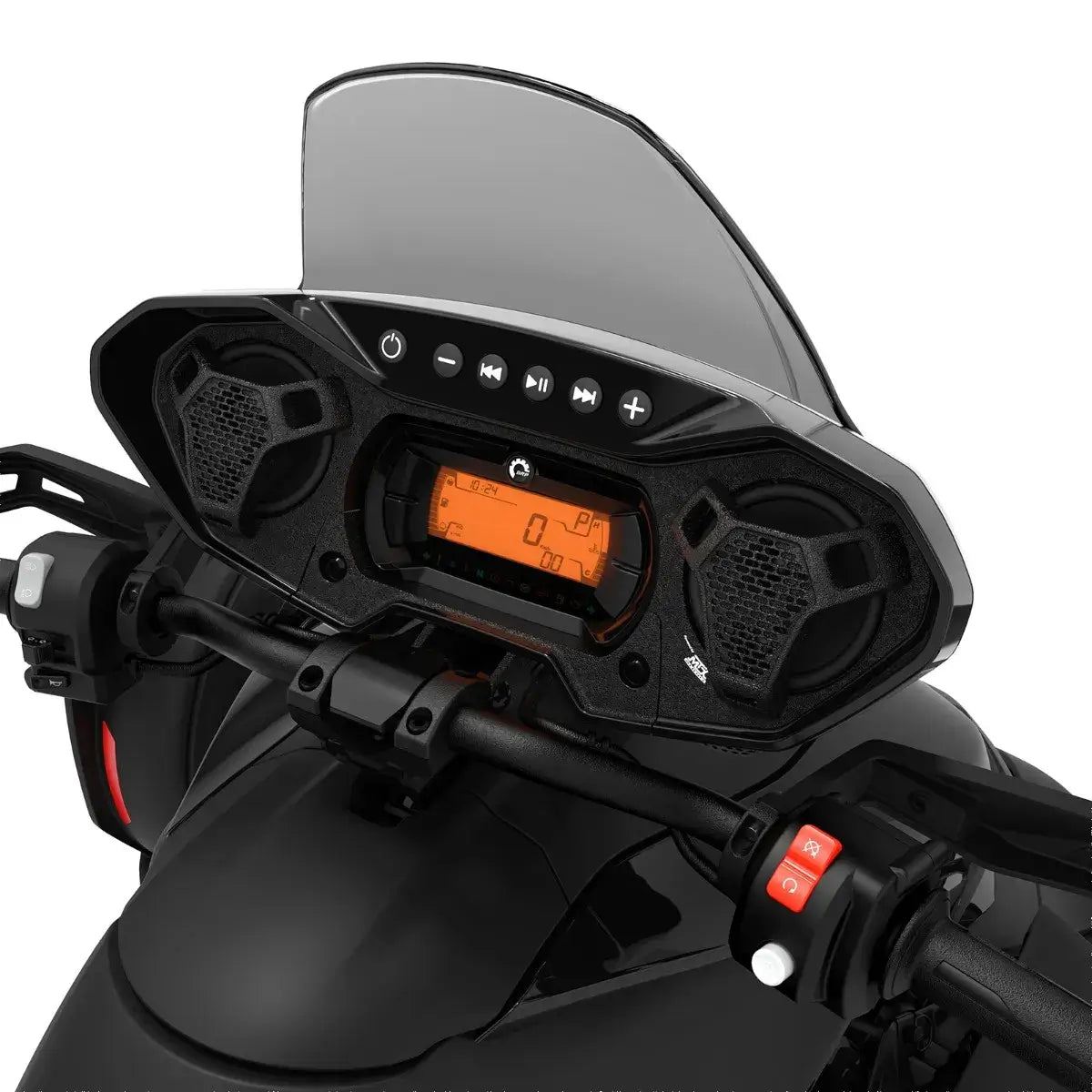 Motorcycle dashboard with digital display and control buttons on a white background