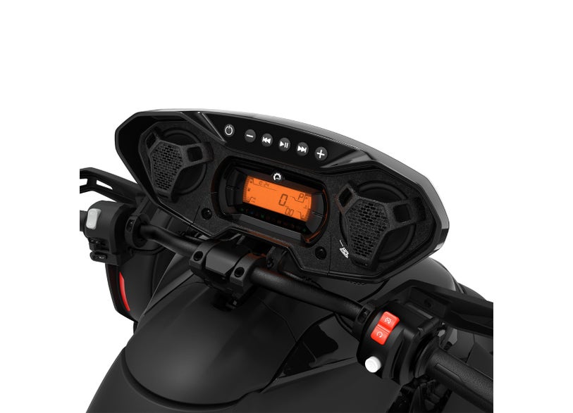 Can-Am Ryker audio system with built-in speakers and digital gauge cluster close-up