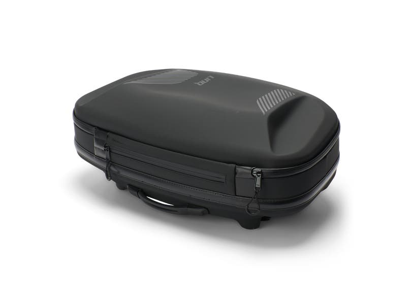 Black Can-Am LinQ semi-rigid bag with zippered top, angled view, fits Ryker and Spyder RT