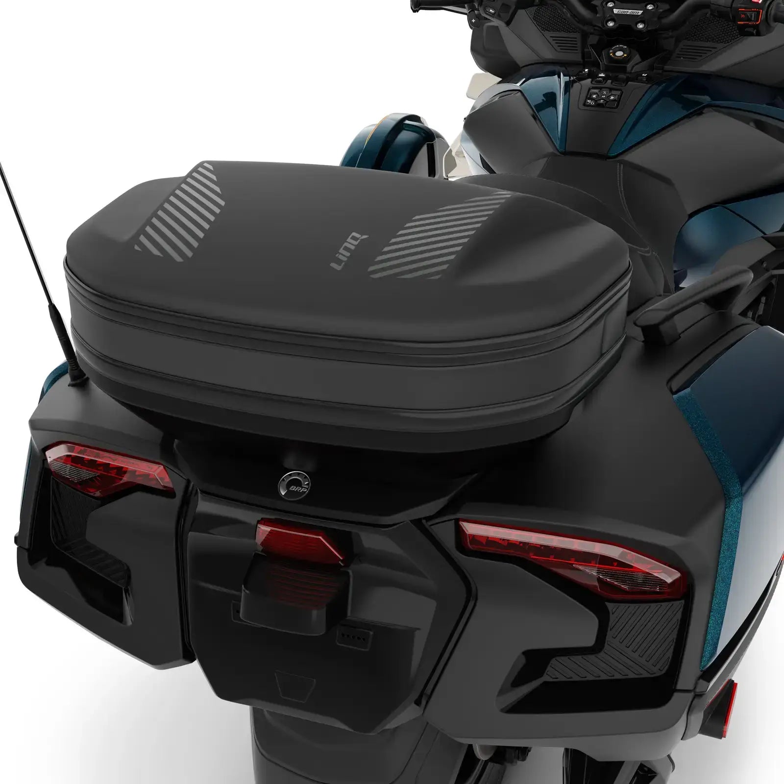 Motorcycle with a black luggage compartment on a white background