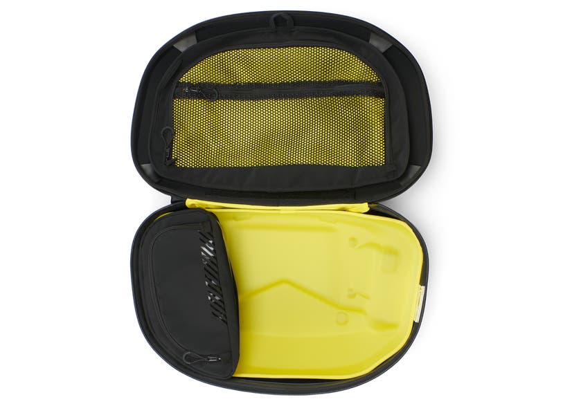 Can-Am LinQ semi-rigid bag interior view with yellow lining and mesh zip pocket for Ryker Spyder RT