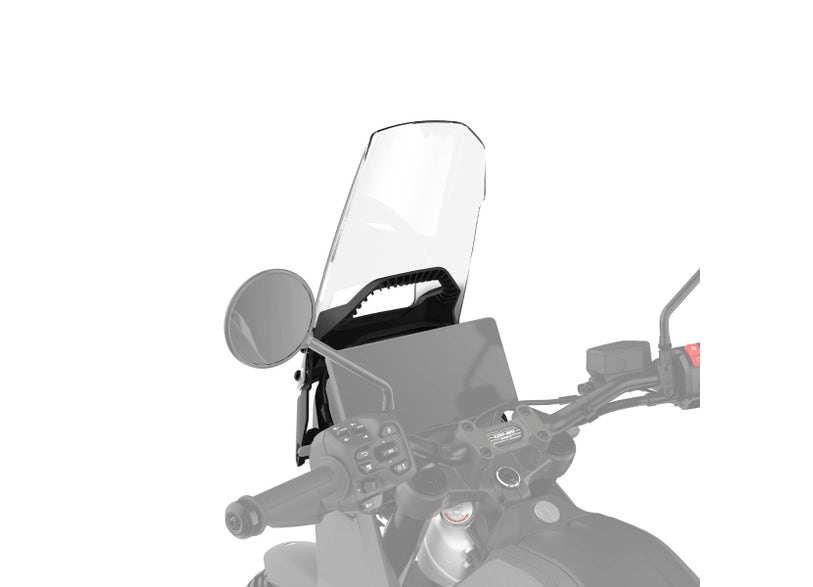 Can-Am Origin LinQ adjustable clear windshield mounted on EV motorcycle cockpit