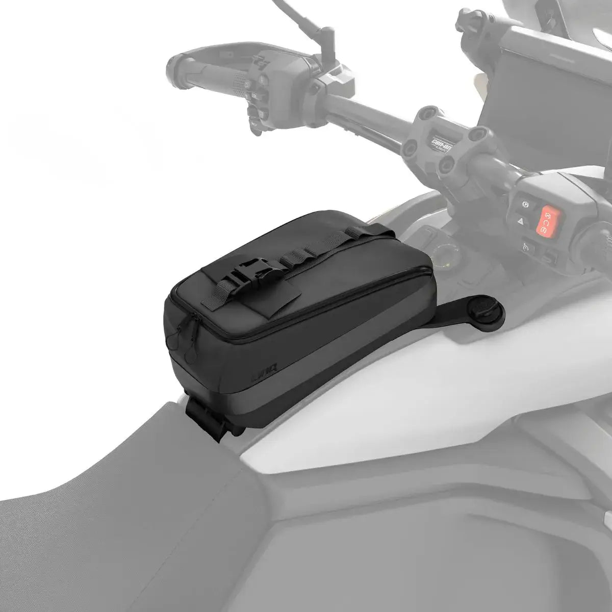 Black motorcycle storage bag attached to a motorcycle handlebar