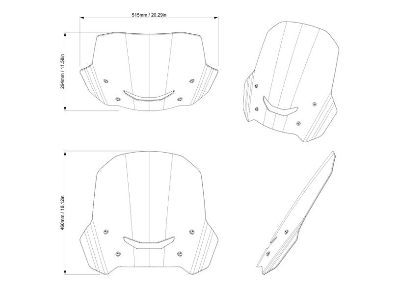 Can-Am Canyon high windshield technical diagram with dimensions front side and angle views
