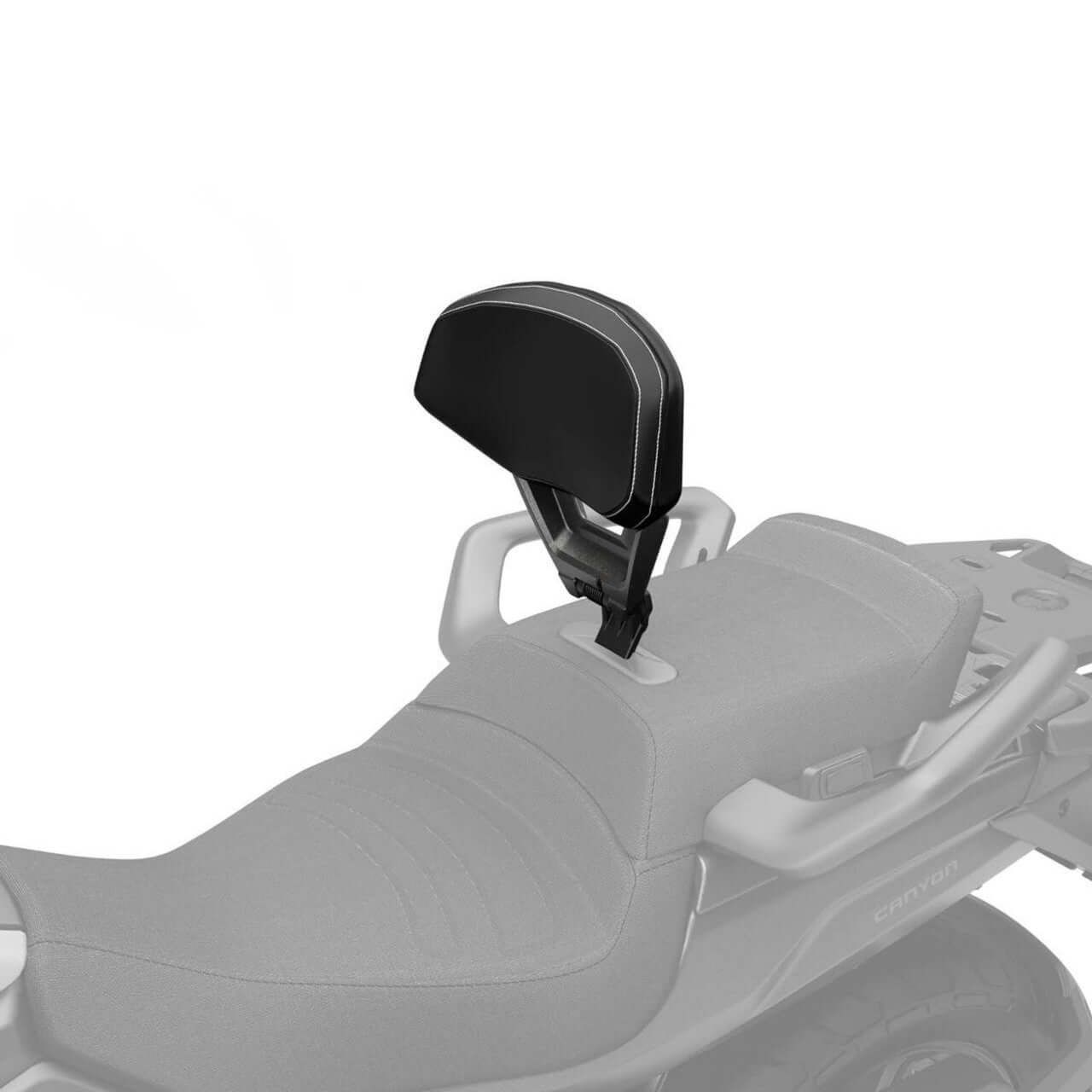 Motorcycle seat with a black backrest on a white background
