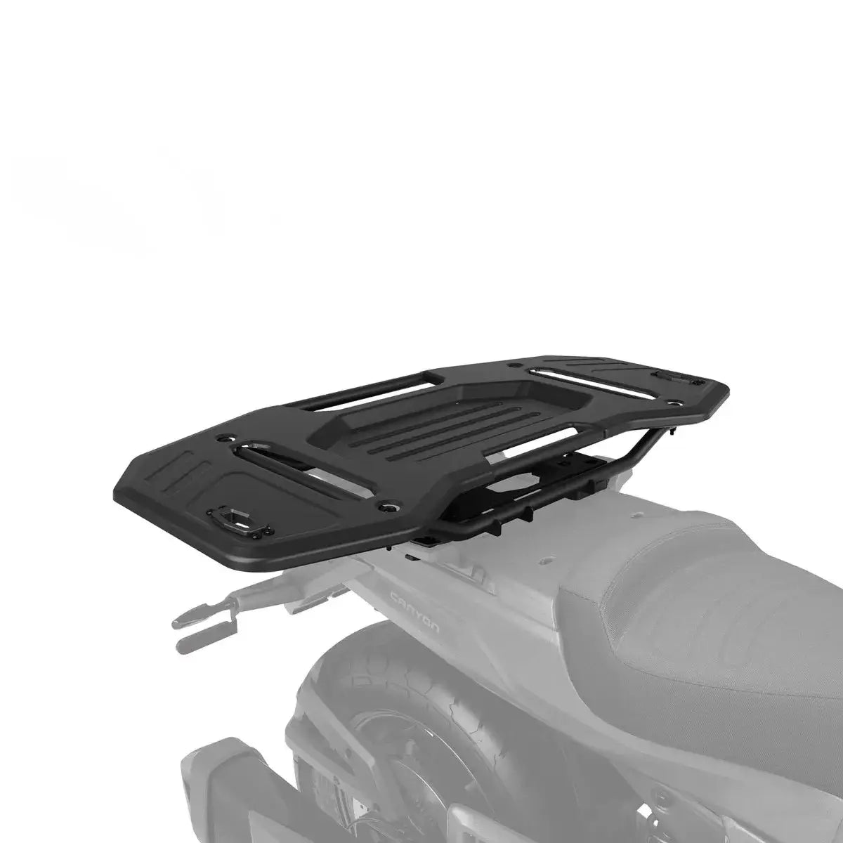 Black motorcycle luggage rack on a white background