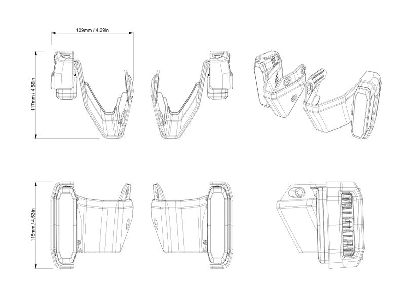 Can-Am Origin LED fog light mounting bracket technical dimension diagram for EV motorcycles