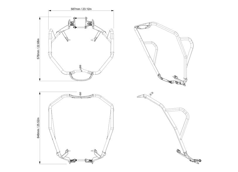 Can-Am Origin Adventure side guards for EV motorcycles technical diagram with dimensions
