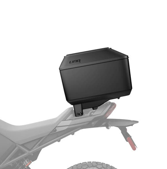 Black LinQ 9.5 US Gal top case mounted on Can-Am Origin Pulse EV motorcycle rear rack