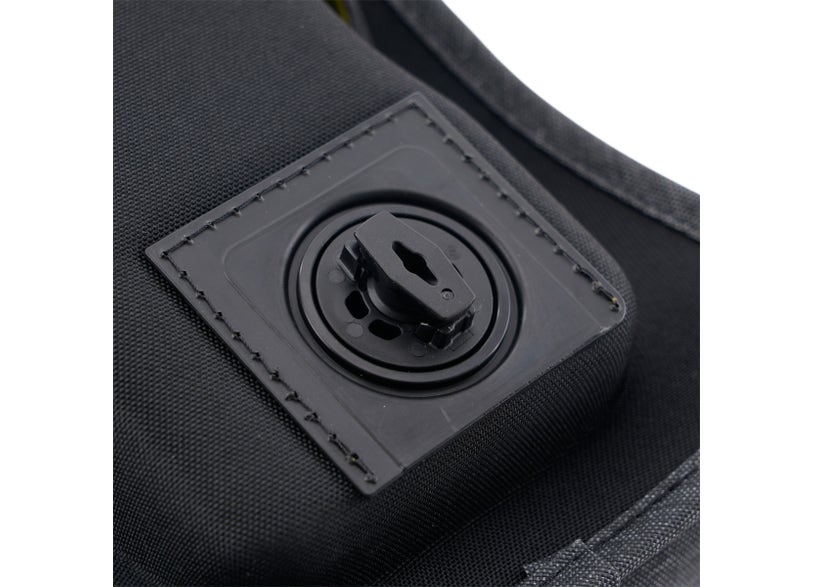 Close-up LinQ mounting bracket on Can-Am Origin tank bag for EV motorcycles