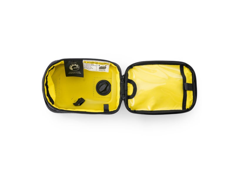 Can-Am Origin LinQ tank bag for EV motorcycles interior view showing black exterior and yellow lining