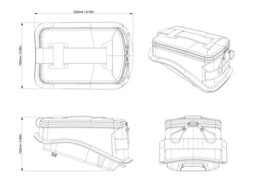 Can-Am Origin LinQ tank bag for EV motorcycles dimensions and multi-angle line drawing