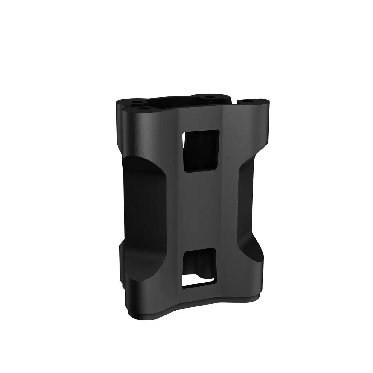 Black plastic component on a white background