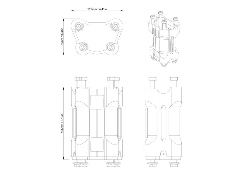Can-Am Canyon fixed handlebar riser 6 in 155mm technical dimension diagram multiple views