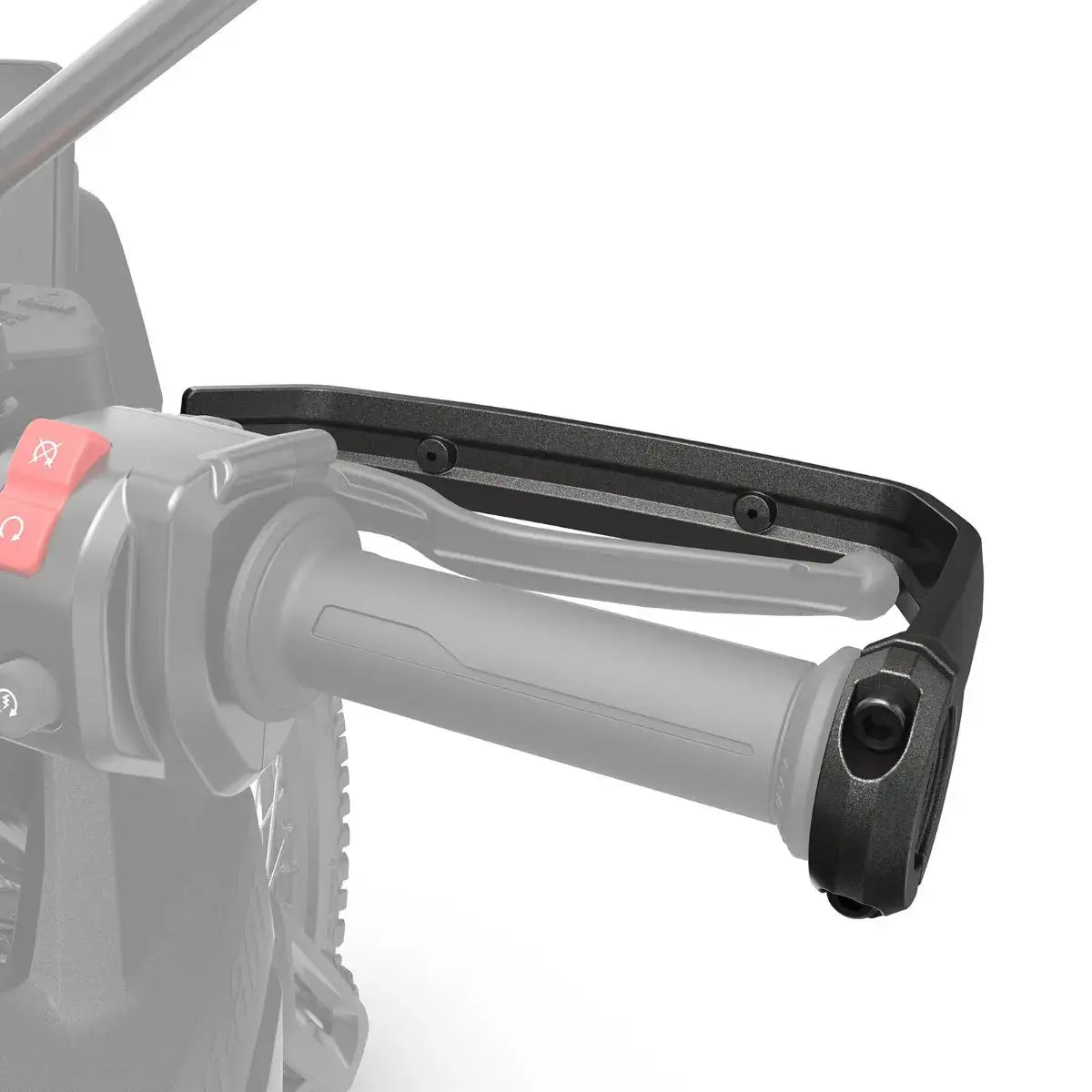 Close-up of a motorcycle handlebar with a black grip and red switch on a white background