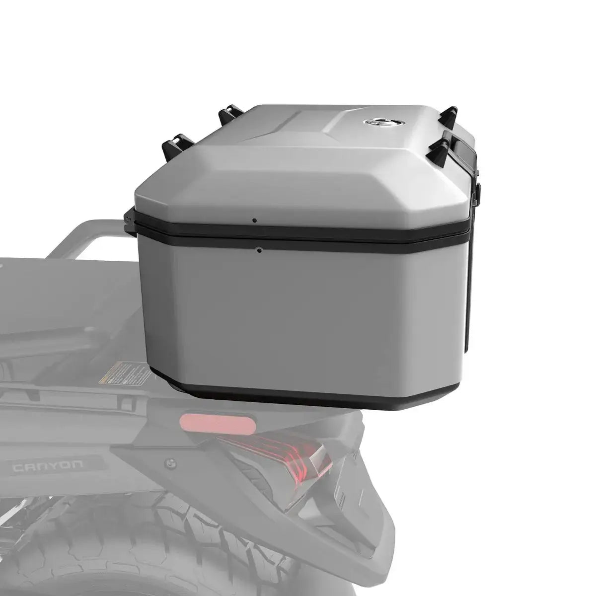 Gray storage box attached to a vehicle on a white background