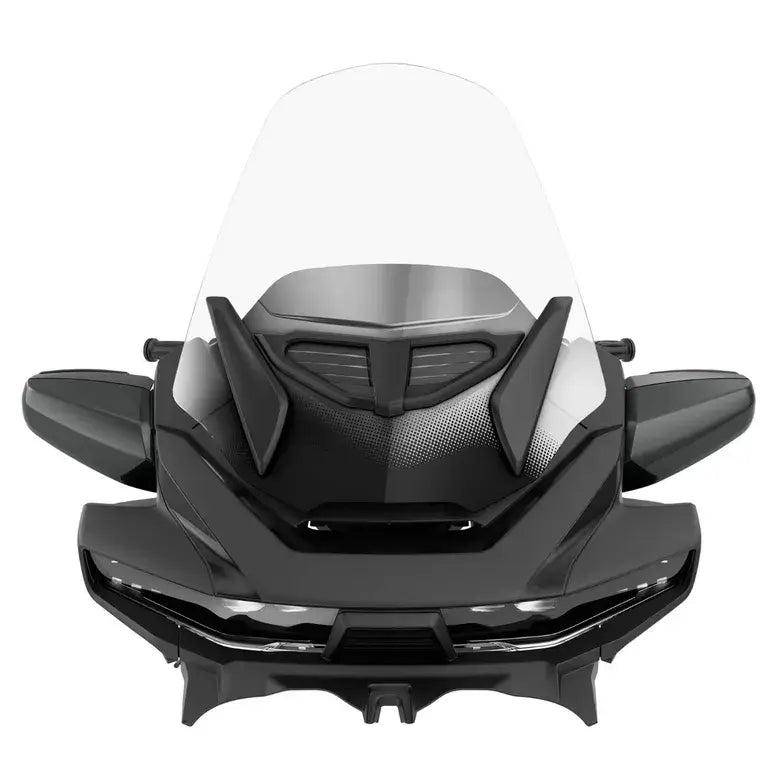 Black motorcycle front end with clear windshield on a white background