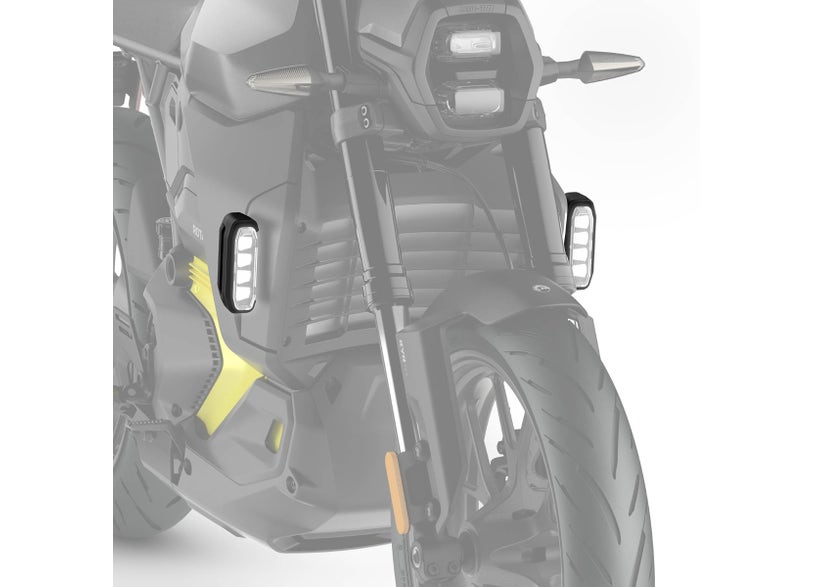 Can-Am Pulse LED fog lights mounted on front fork of electric motorcycle