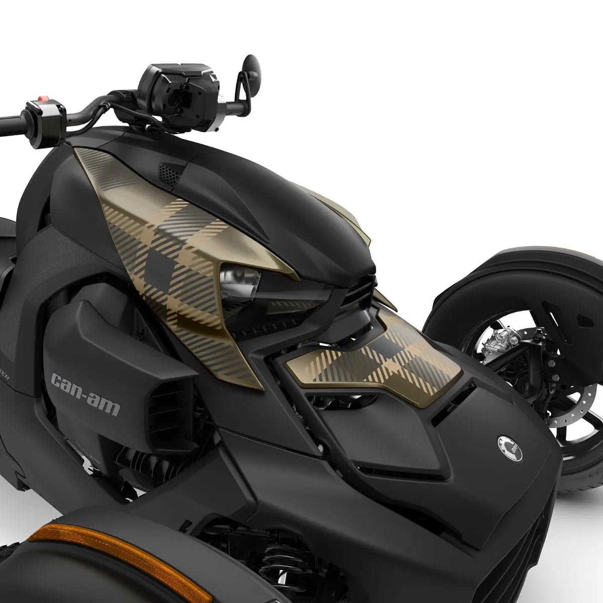 Can-Am Ryker front panel kit in Moka Plaid black and gold matte finish close-up