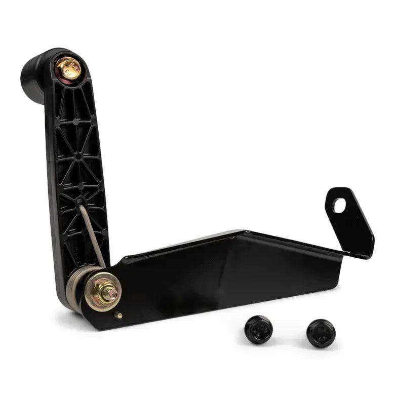 Black metal bracket with screws on a white background