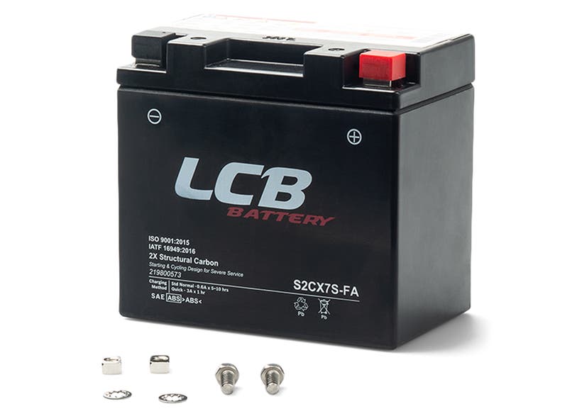 LCB S2CX7S-FA 12V 6Ah maintenance free battery with mounting hardware for Can-Am Origin and Pulse