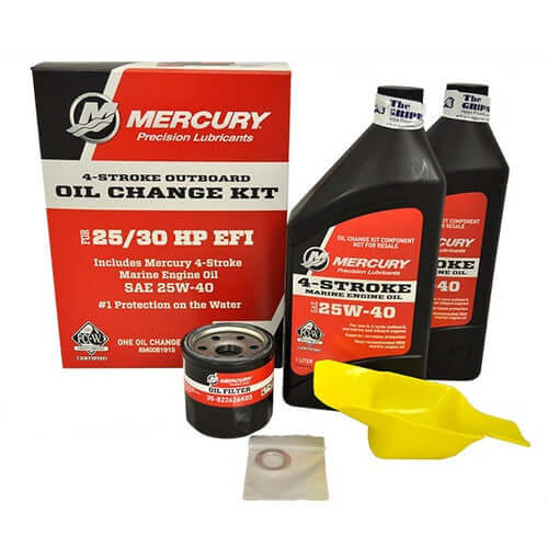 Mercury outboard oil change kit with oil bottles, filter, and funnel on a white background