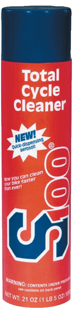 Red and blue can of Total Cycle Cleaner with S100 logo on a white background