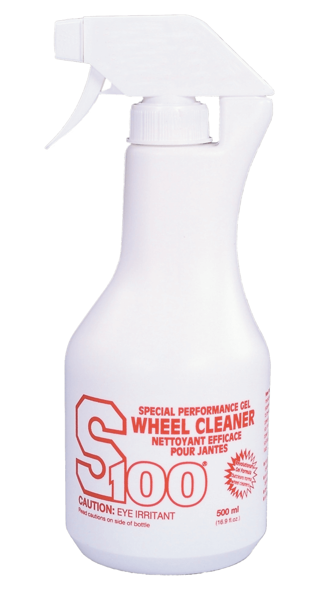 White spray bottle with red text on a black background