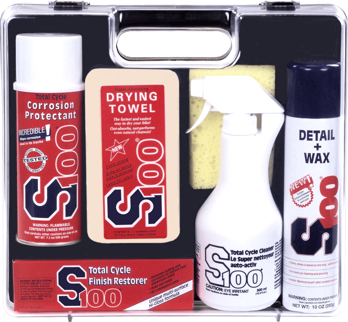 Car care product set with bottles, a towel, and applicators in a S100 branded case.