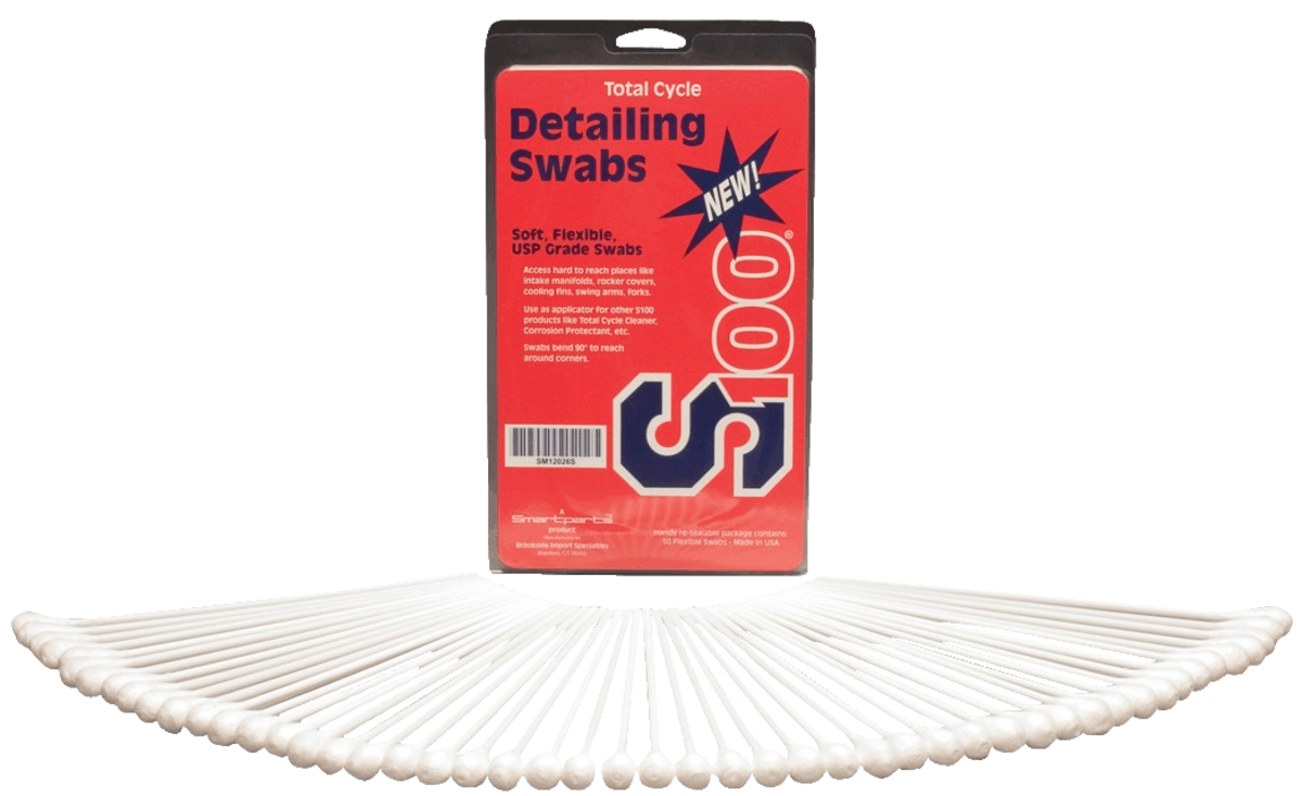 Packaging of Total Cycle Detailing Swabs with swabs displayed in front on a white background