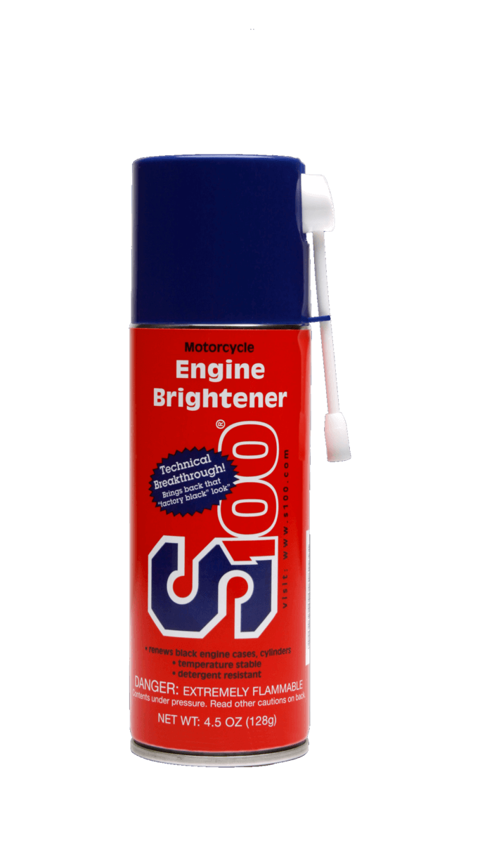 Can of S100 Motorcycle Engine Brightener on a black background
