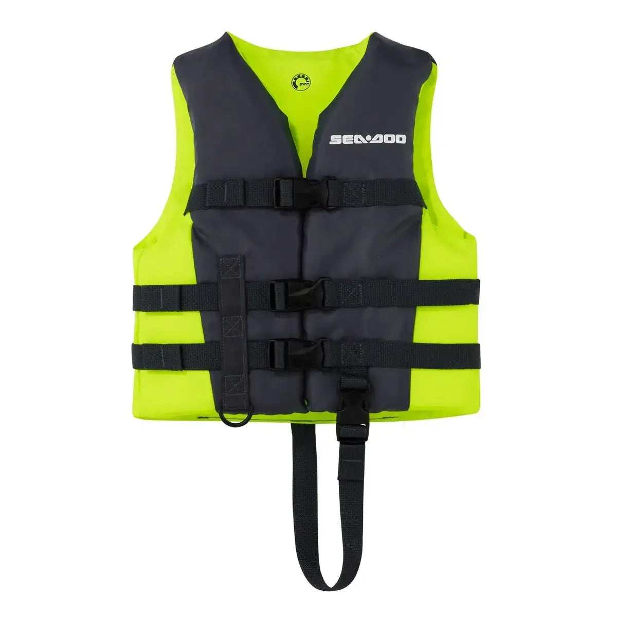 A black and green Sea-Doo kids' life jacket with adjustable straps and a visible brand logo on the upper front.
