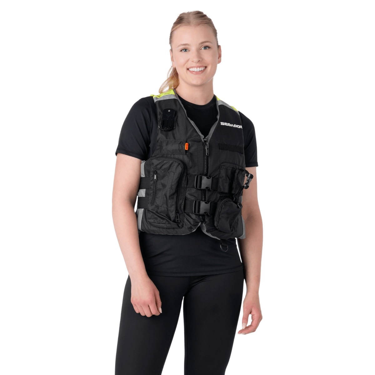 A woman in a black sea-doo lifejacket