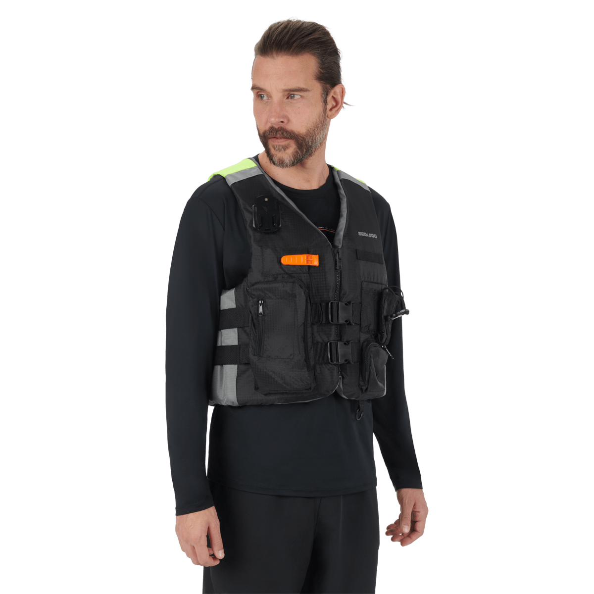 A man wearing a black bodysuit and a black life vest