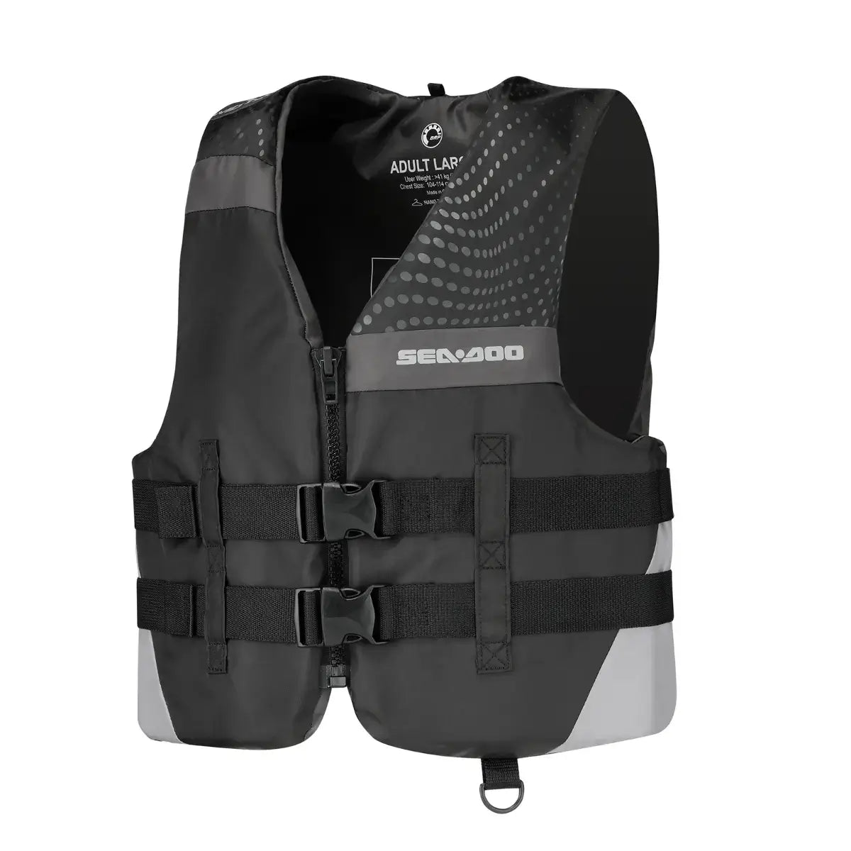 Sea-Doo unisex Motion life jacket in black, designed for comfort and safety on personal watercraft.