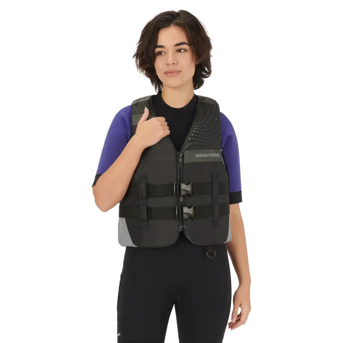 Sea-Doo unisex Motion PFD/Life Jacket shown on a model, designed for safety and mobility in water sports.