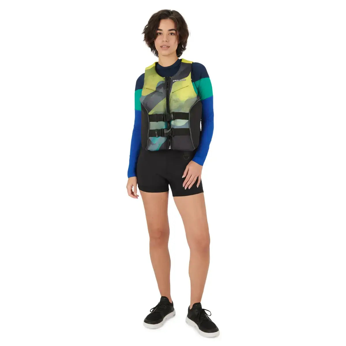 Unisex Sea-Doo Airflow Sunset Edition life jacket, showcasing vibrant colors and breathable design for water sports.