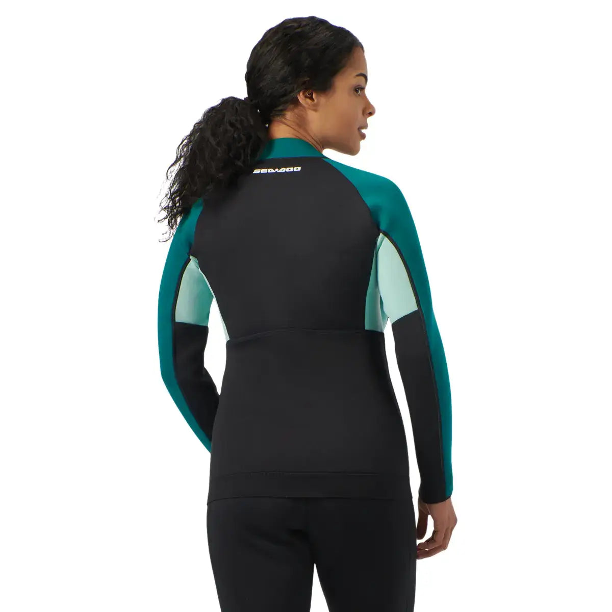 Women's Sea-Doo Montego Neoprene Jacket showcasing the back view, highlighting its sporty design and color contrast.