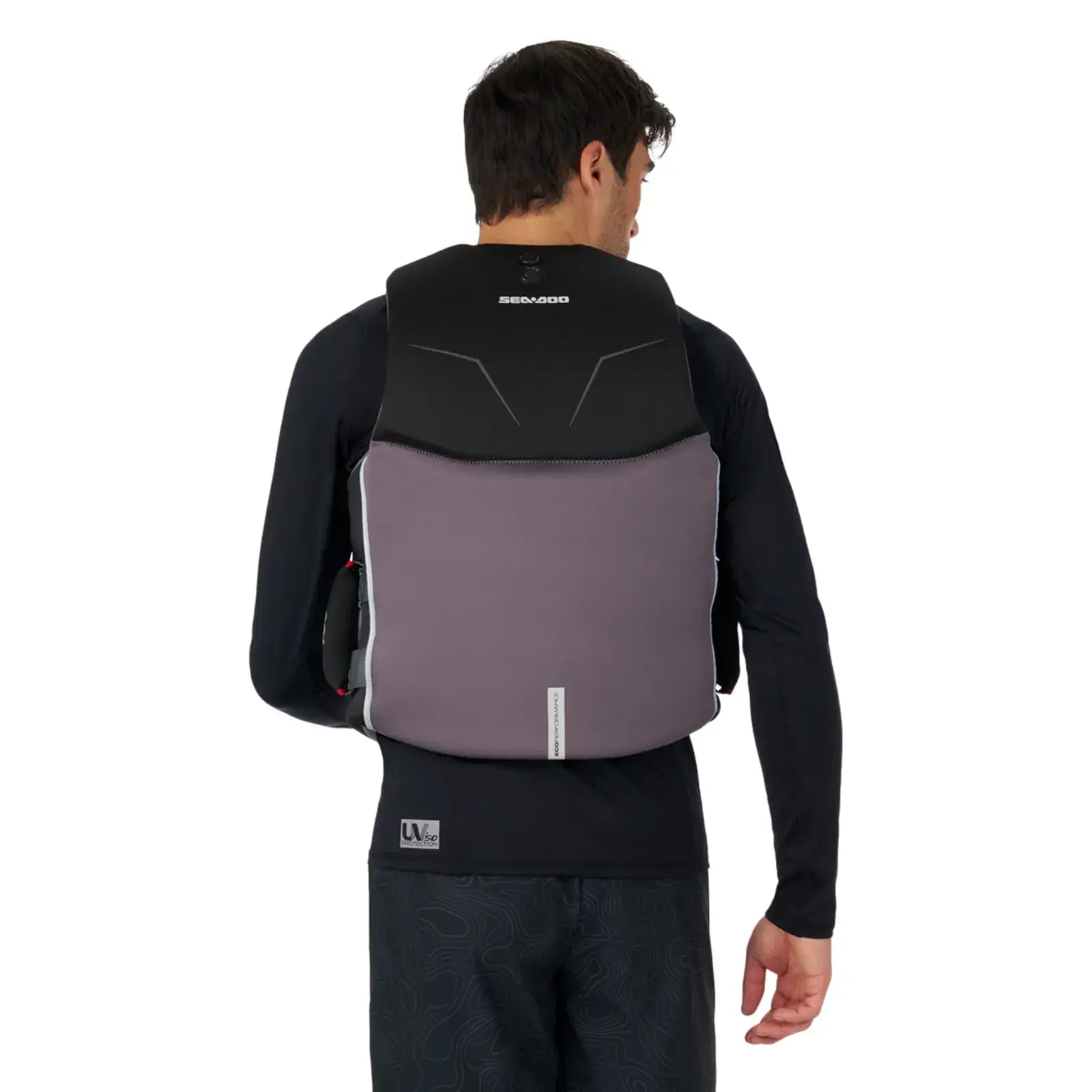 Sea-Doo Wave Grip PFD showing the back view of a lightweight life jacket designed for water sports.