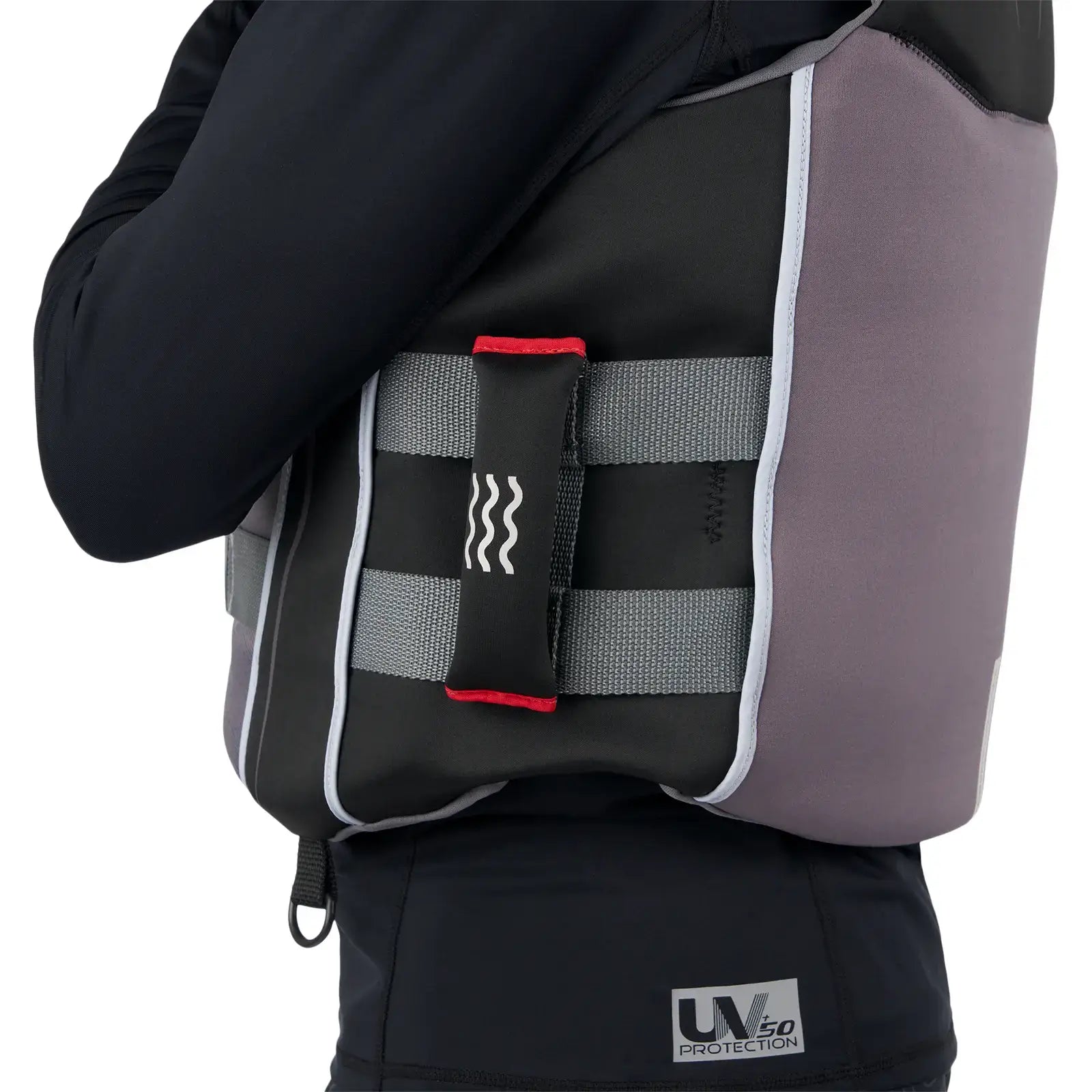 Side view of Sea-Doo unisex Wave Grip PFD featuring adjustable straps and lightweight ecoprene material.