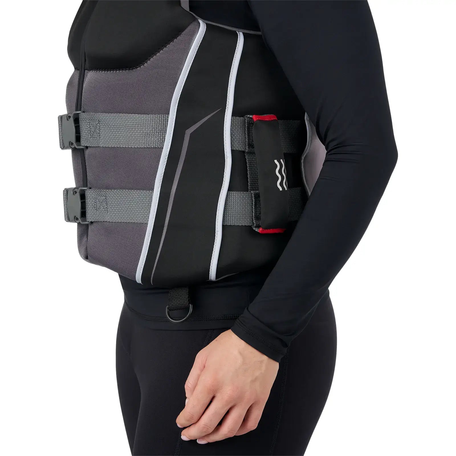 Side view of Sea-Doo Wave Grip PFD life jacket with adjustable straps and eco-friendly design.