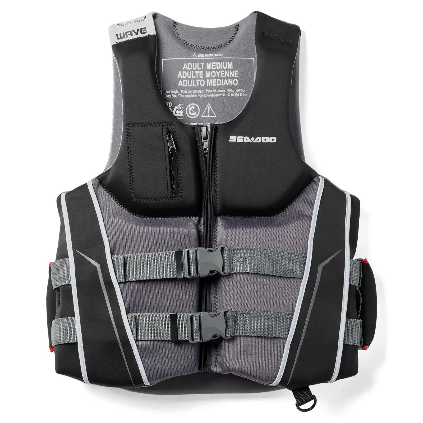 Sea-Doo unisex Wave Grip PFD/life jacket featuring adjustable straps and a chest pocket for comfort on water adventures.