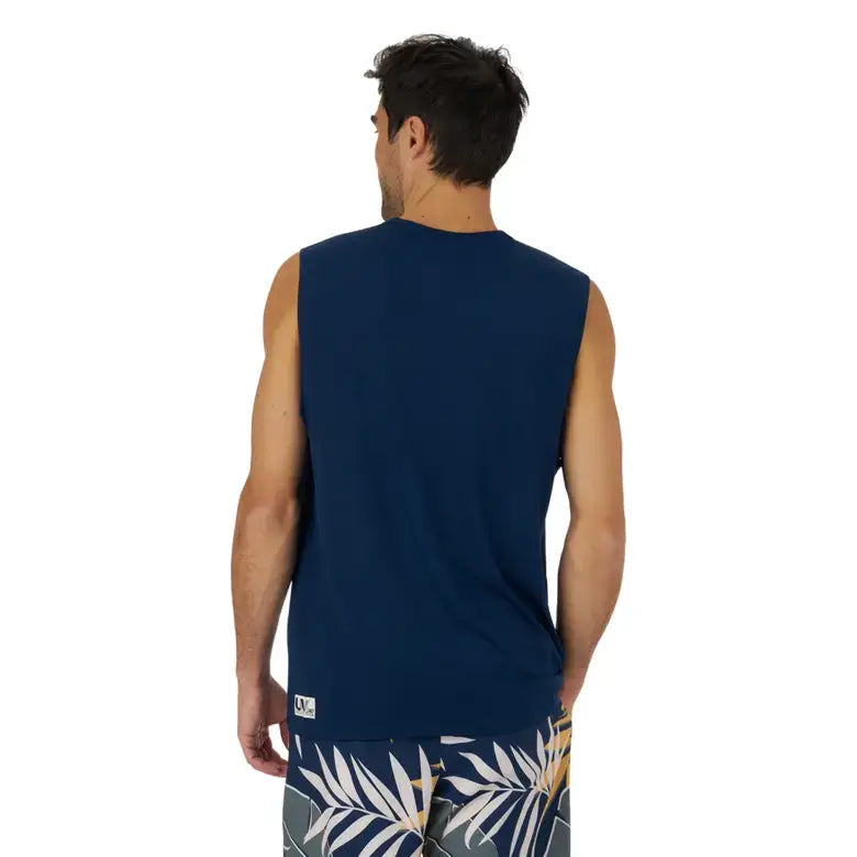 Back view of a man wearing a navy Men’s Lightweight Crew Tank Top, perfect for Sea-Doo adventures.