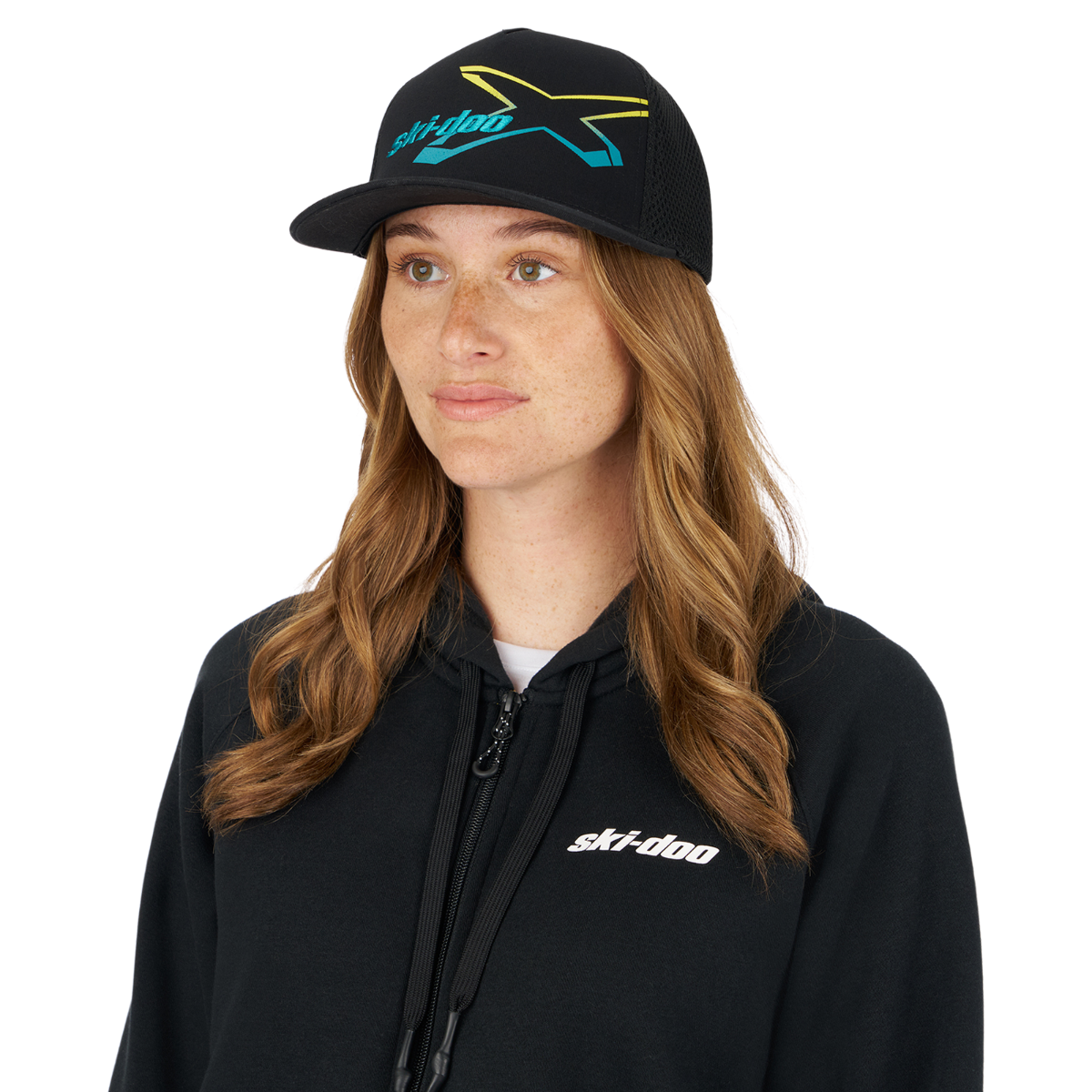 Ski-Doo Unisex X-Team Gradient Fitted Flat Cap in Black, side view